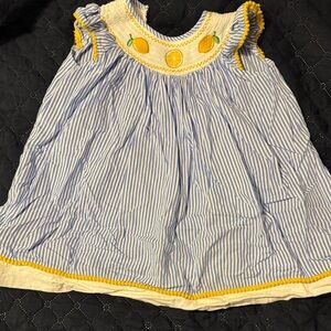 Blue and White Striped Bishop Dress with Lemon Embroidery